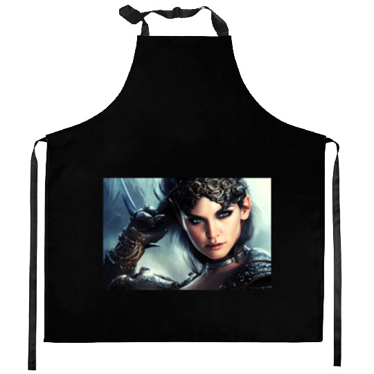 Warrior princess wearing gothic plate fantasy art Kitchen Aprons