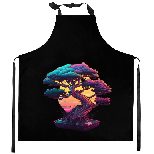 Synthwave Bonsai Tree Kitchen Aprons