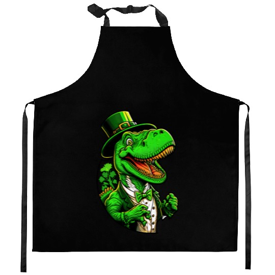 St Patricks Day T-rex Dinosaur With Top Hat Kitchen Aprons