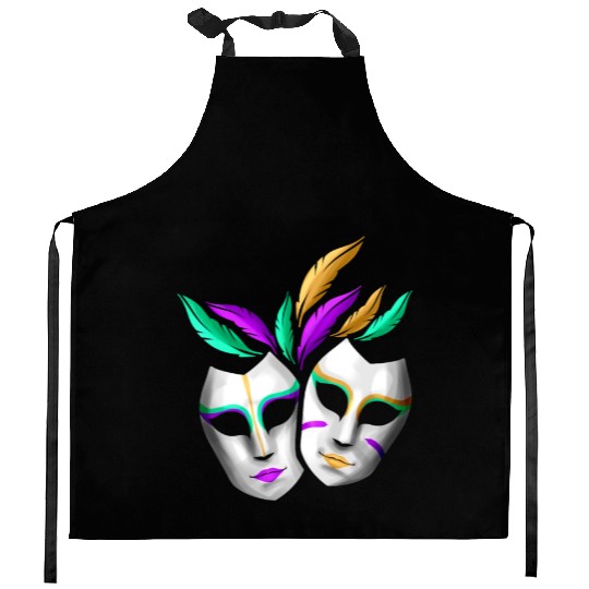 Pair Of White Masks With Feathers For Mardi Gras Kitchen Aprons