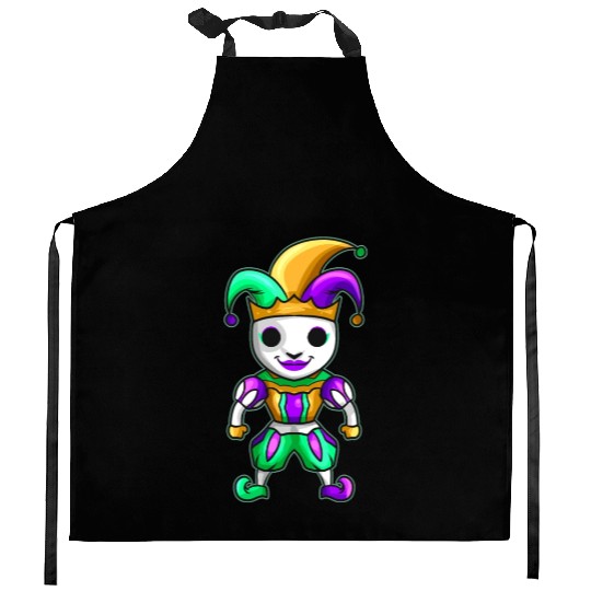 Cute Kawaii Jester With Mask For Mardi Gras Kitchen Aprons