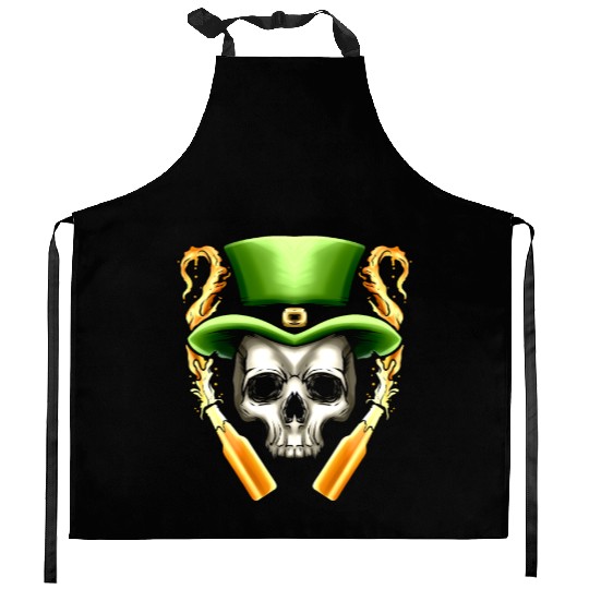 Skull With Leprechauns Hat And Beer Party St Kitchen Aprons