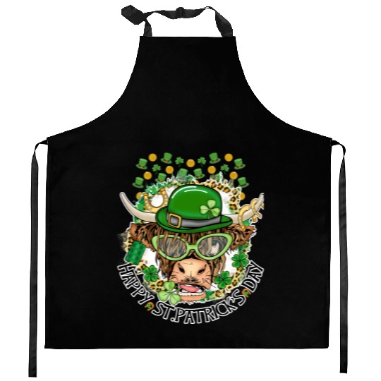 Happy St. Patrick's Day, Funny Cow, Hat and Gold Kitchen Aprons