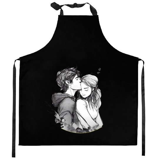 Romantic couple embrace lovingly ink Kitchen Aprons