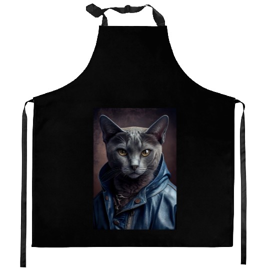 Russian Blue Cat Breed Portrait wears a leather j Kitchen Aprons