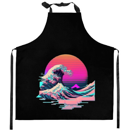 Vaperwave Aesthetic Glitch Great Wave Retrowave Sy Kitchen Aprons