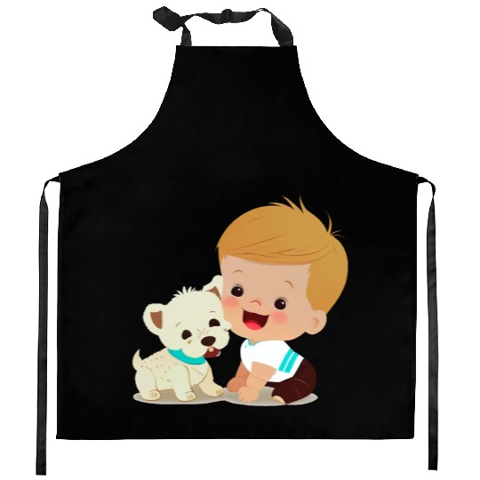 Sweet baby smiling with lovely puppy Kitchen Aprons
