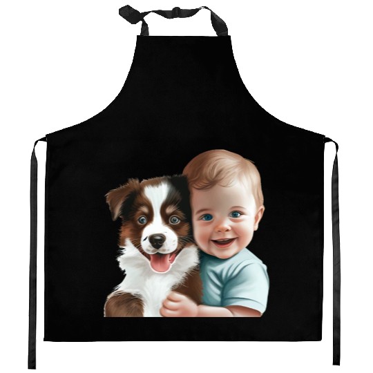 Sweet baby smiling with lovely puppy Kitchen Aprons
