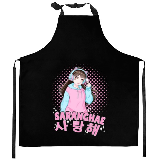 Saranghae Cute Korean Anime Girl Kpop Finger Heart Kitchen Aprons