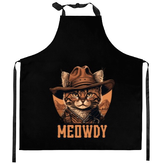 Meowdy - Funny Mashup Between Meow and Howdy - Cat Kitchen Aprons
