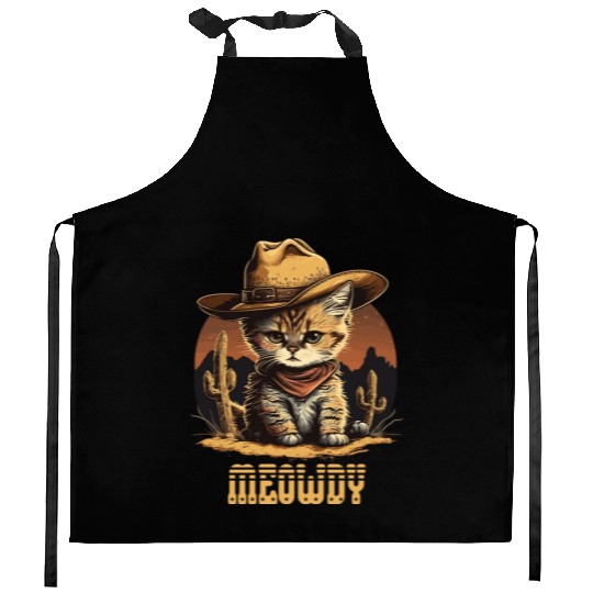 Meowdy - Funny Mashup Between Meow and Howdy - Cat Kitchen Aprons