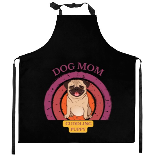dog mom cuddling puppy Kitchen Aprons