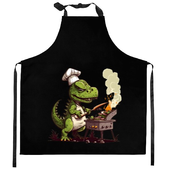 Baby Dinosaur Using A Charcoal Grill Cooking Meat Kitchen Aprons