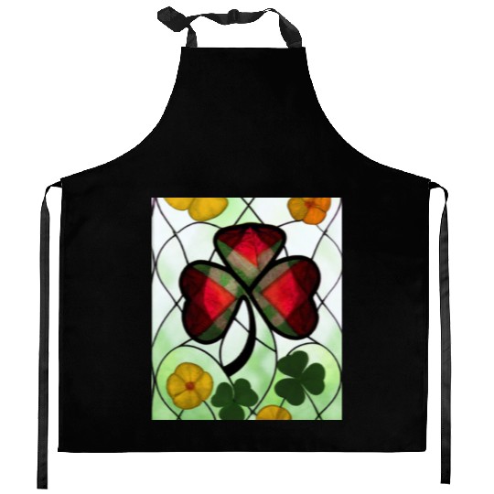 Red plaid Shamrock with Yellow Poppies (AI Art) Kitchen Aprons