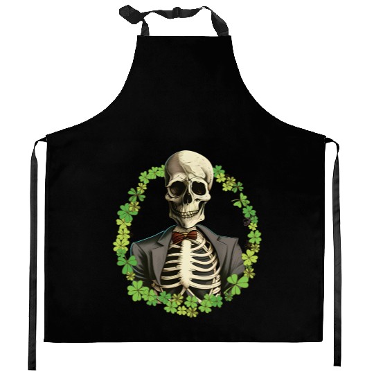 Skeleton Vintage Retro Creepy Cute Shamrock Kitchen Aprons