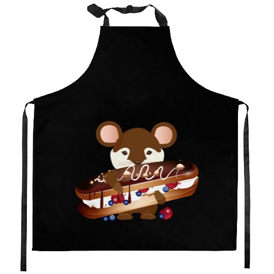 cute mouse with delicious chocolate eclair Kitchen Aprons