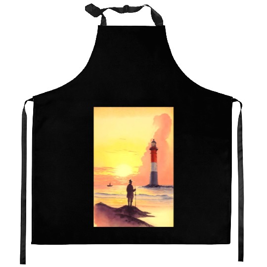 Serene Sunrise Beach Scene with Lighthouse and Fis Kitchen Aprons