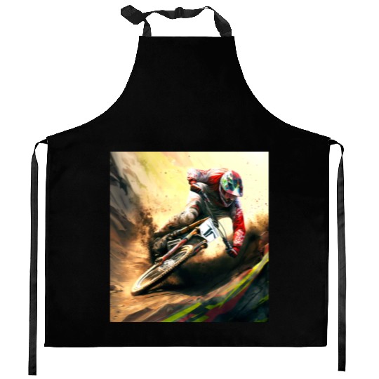 Racing A Downhill Bike Kitchen Aprons