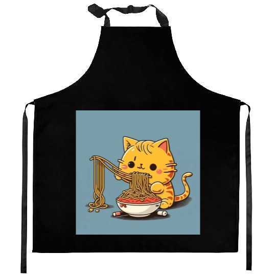 Japanese cat eating spaghetti Kitchen Aprons