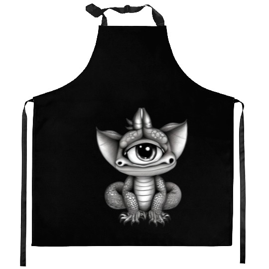 cute adorable one eyed dragon original Kitchen Aprons
