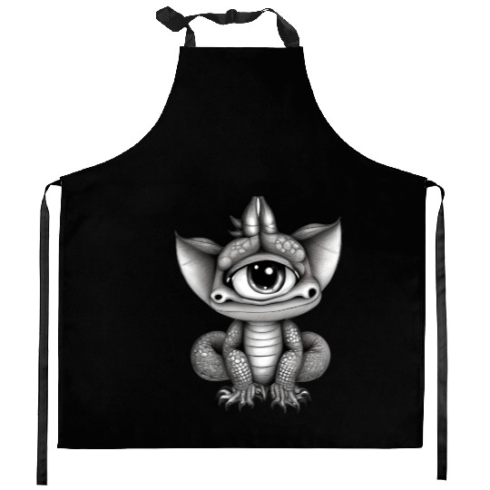 cute adorable one eyed dragon original Kitchen Aprons