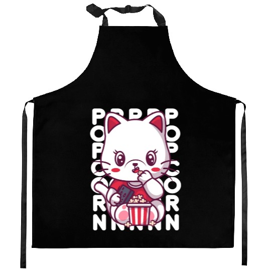 Cat Eating Popcorn Kitchen Aprons
