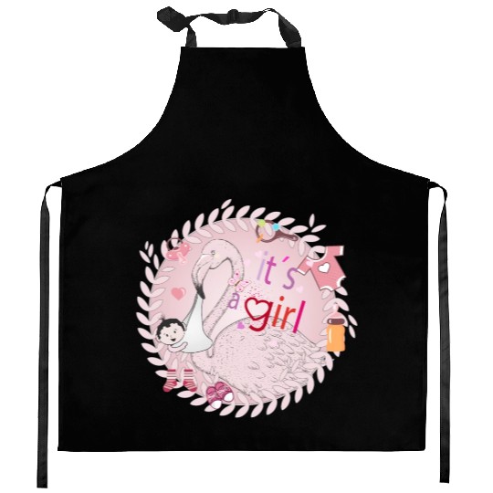 Flamingo with baby and baby paraphernalia in pink Kitchen Aprons