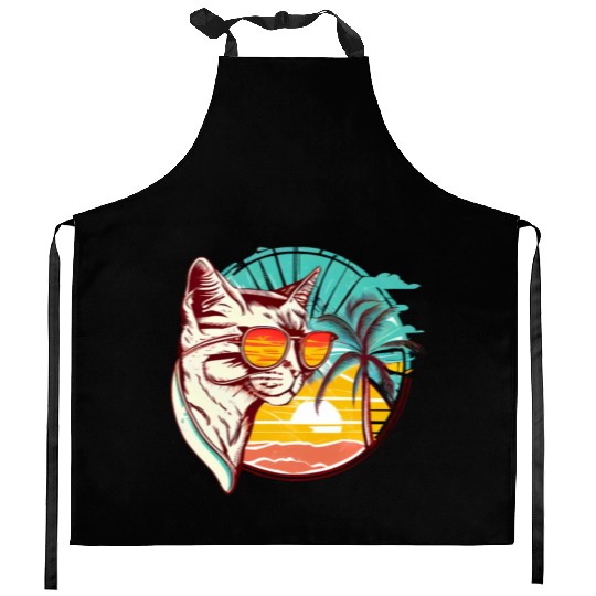 Retro Cat Vintage Sunset 80s 90s Sunglasses Party Kitchen Aprons