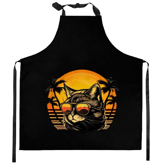 Retro Cat Vintage Sunset 80s 90s Sunglasses Party Kitchen Aprons