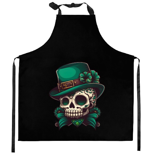 Sugar Skull Wearing A Hat St. Patrick's Day Design Kitchen Aprons