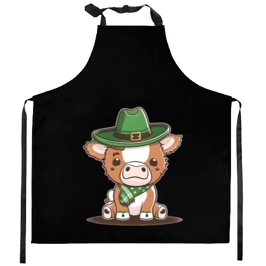 Kawaii cow with scarf St. Patrick's Day Kitchen Aprons