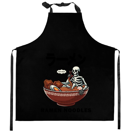 Skeleton Relaxing In A Bowl Of Ramen Kitchen Aprons