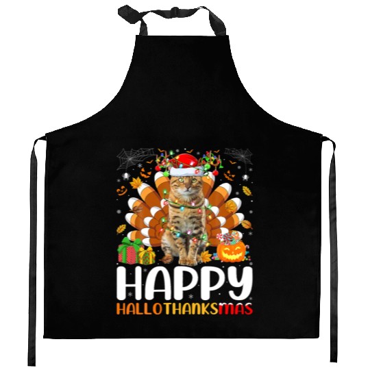Cat Lover Halloween Christmas Happy Hallothanksmas Kitchen Aprons