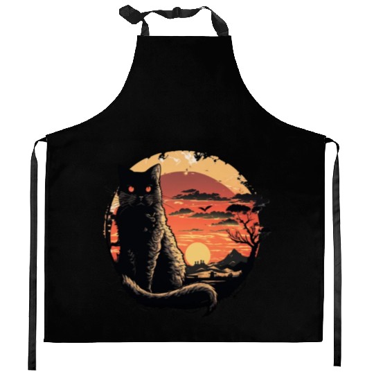 Catzilla Vintage Funny Cute black Cat Art Japanese Kitchen Aprons