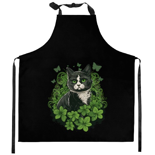 Black and white cat with ivy and butterflies Kitchen Aprons