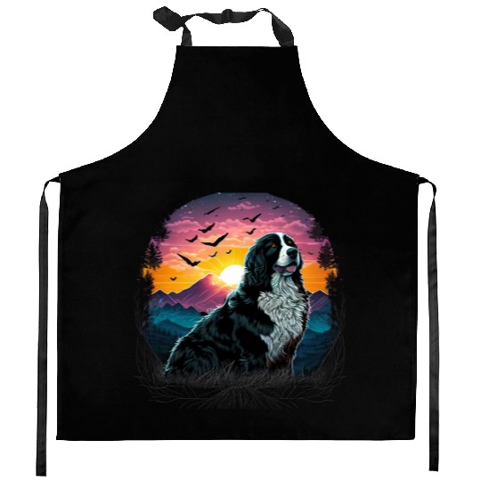 Bernese Mountain Dog with Mountain Sunrise view Kitchen Aprons