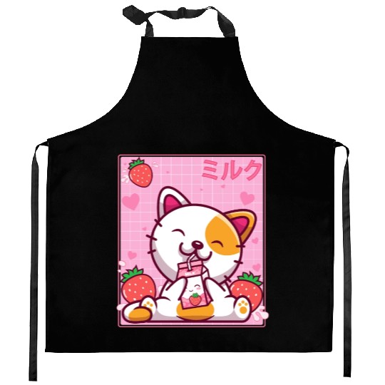 Kawaii Kitten Cute Cat Strawberry Milk Shake Kitchen Aprons