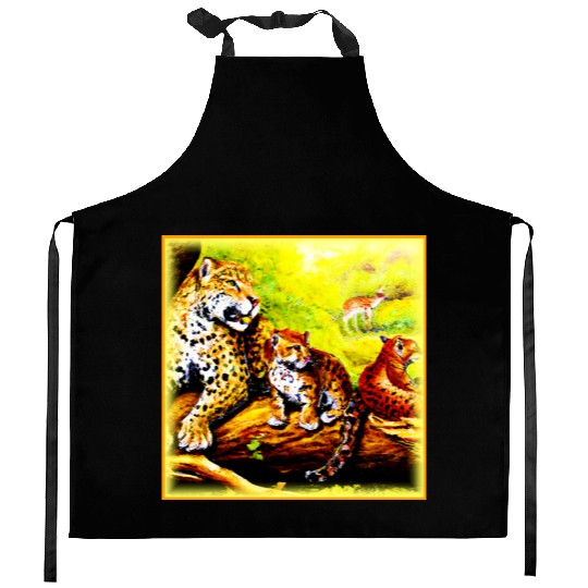 Jaguar Mom and Cubs Relaxing in Jungle. Buy Now Kitchen Aprons