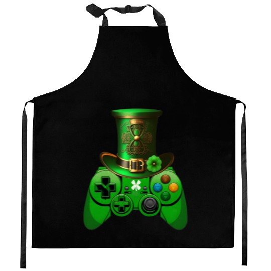 St Patricks Day Video Game Kitchen Aprons | Gamer Leprechau