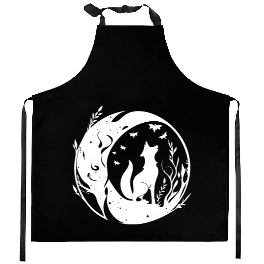 Pretty Cute Tattoo Style Fox In The Moon Kitchen Aprons