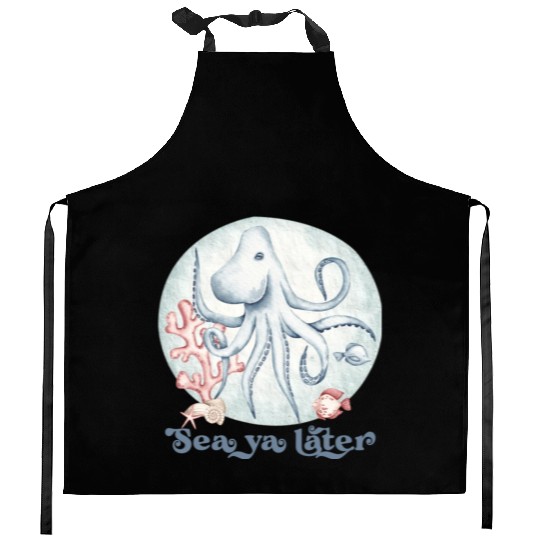 sea ya later octopus near the coral in the sea Kitchen Aprons