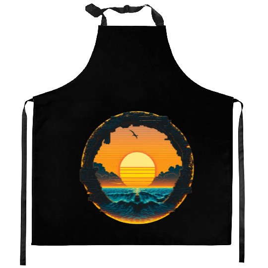 Cyberpunk Sunset Pixel Kitchen Aprons