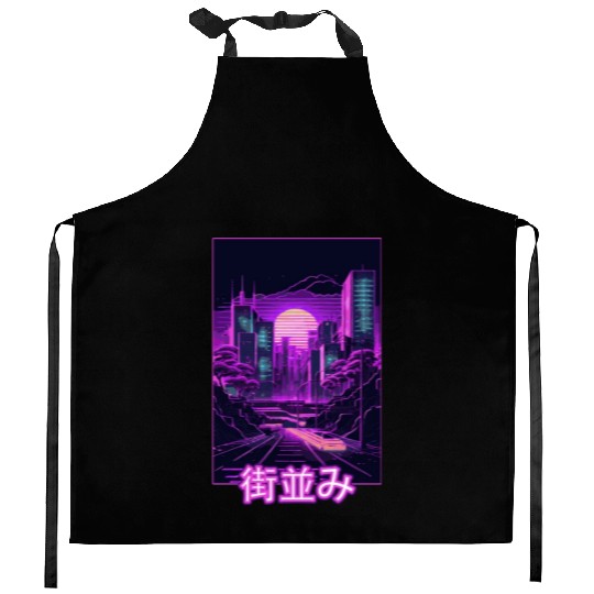 Japanese Tokyo City Vaporwave Aesthetic Retro Synt Kitchen Aprons