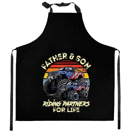Father and Son Riding Monster Truck For Life Raci Kitchen Aprons