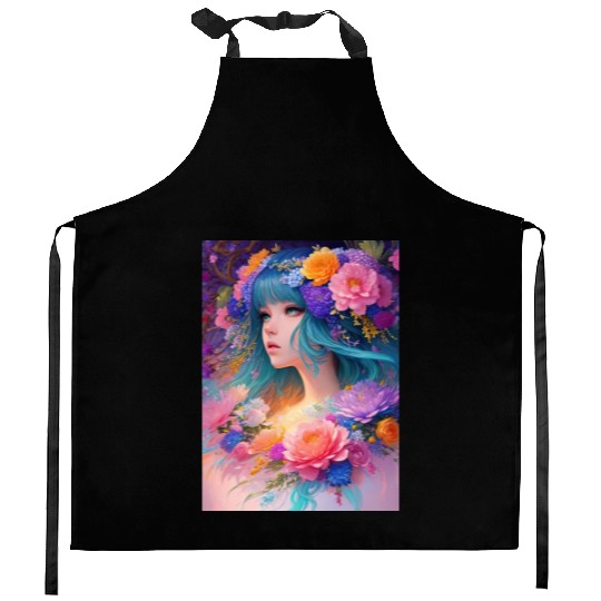 Spring Girl with a bouqet of flowers garland #6 Kitchen Aprons