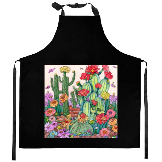 cactus garden with blooming flowers watercolor Kitchen Aprons