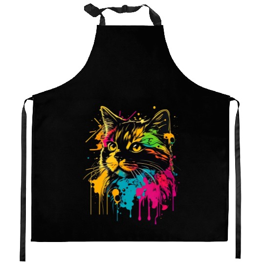 realistic cat meow outline wpap colorful Kitchen Aprons