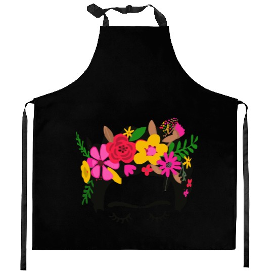 Frida Kahlo Illustration Floral Boho Style Mexican Kitchen Aprons