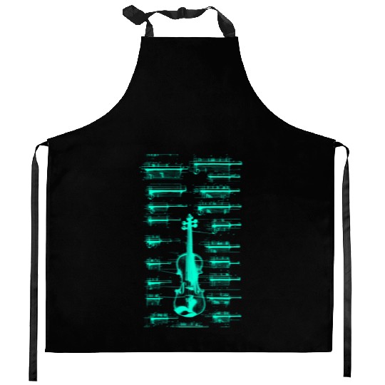 Teal Neon Da Vinci violin blueprint Kitchen Aprons
