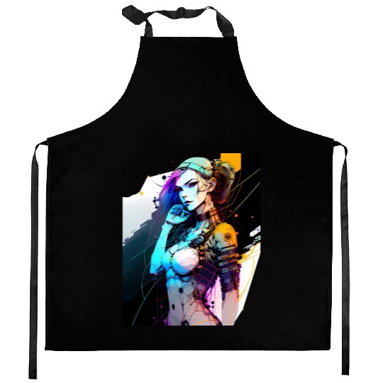 The Neon Future A Cyberpunk Girl with Purple Hair Kitchen Aprons